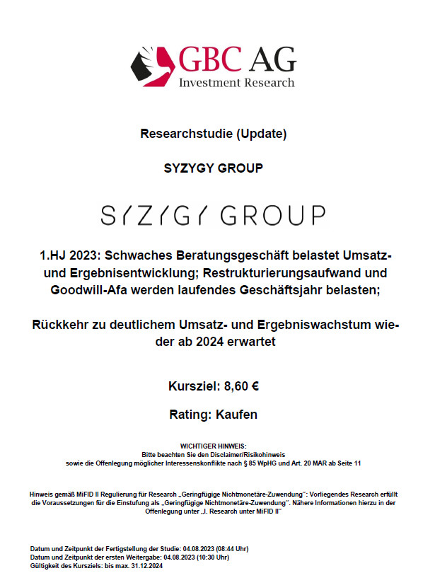 #SyzygyGroup #ResearchUpdate Rating: Kaufen Kursziel: 8,60€ '1.HJ 2023: Schwaches Beratungsgeschäft belastet Umsatz und Ergebnisentwicklung' #SmallCaps #Börse #Aktie #Research #Technologie t1p.de/fnyt0