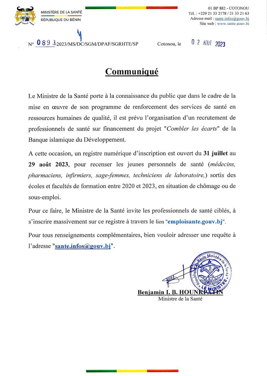 #Wasexo #SanteBenin : 

COMMUNIQUÉ 

⛔ Le Gouvernement du Bénin à travers le Ministère de la Santé, avec l’appui de la Banque Islamique du Développement lance un avis de recrutement de jeunes professionnels de la santé (...)

▶️ Plus de détails dans le communiqué ci-joint 👇🏾