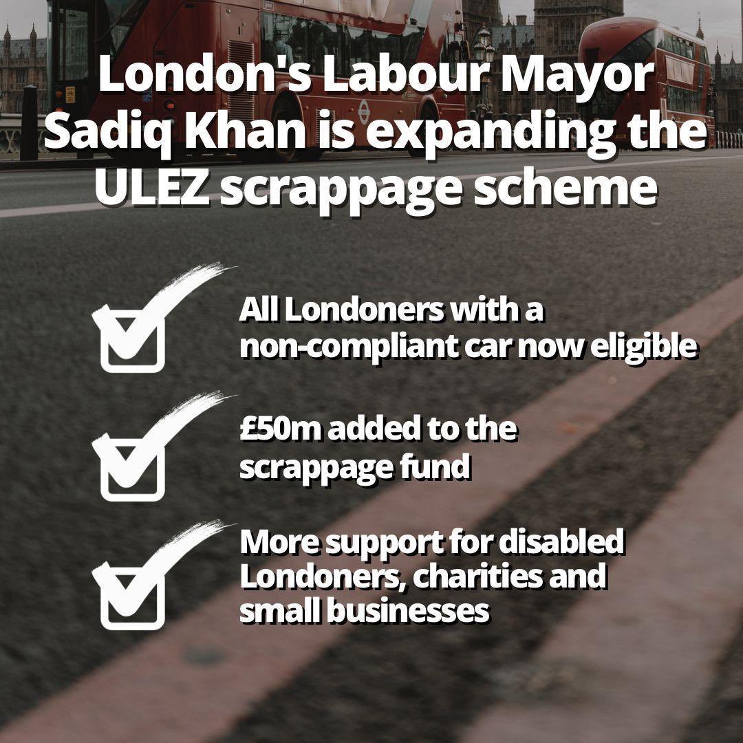rokhsanafiaz's tweet photo. 🔔 An extra £50m for ULEZ scrappage scheme by @MayorofLondon. 

✅ £160m now available, with over £200m invested in total. 

✅ Londoners with a non ULEZ-compliant car will be eligible for a £2,000 grant. 

✅ A £7000 scrappage grant per van x 3 for small biz / sole traders too. https://t.co/3sQ8lCiMPH