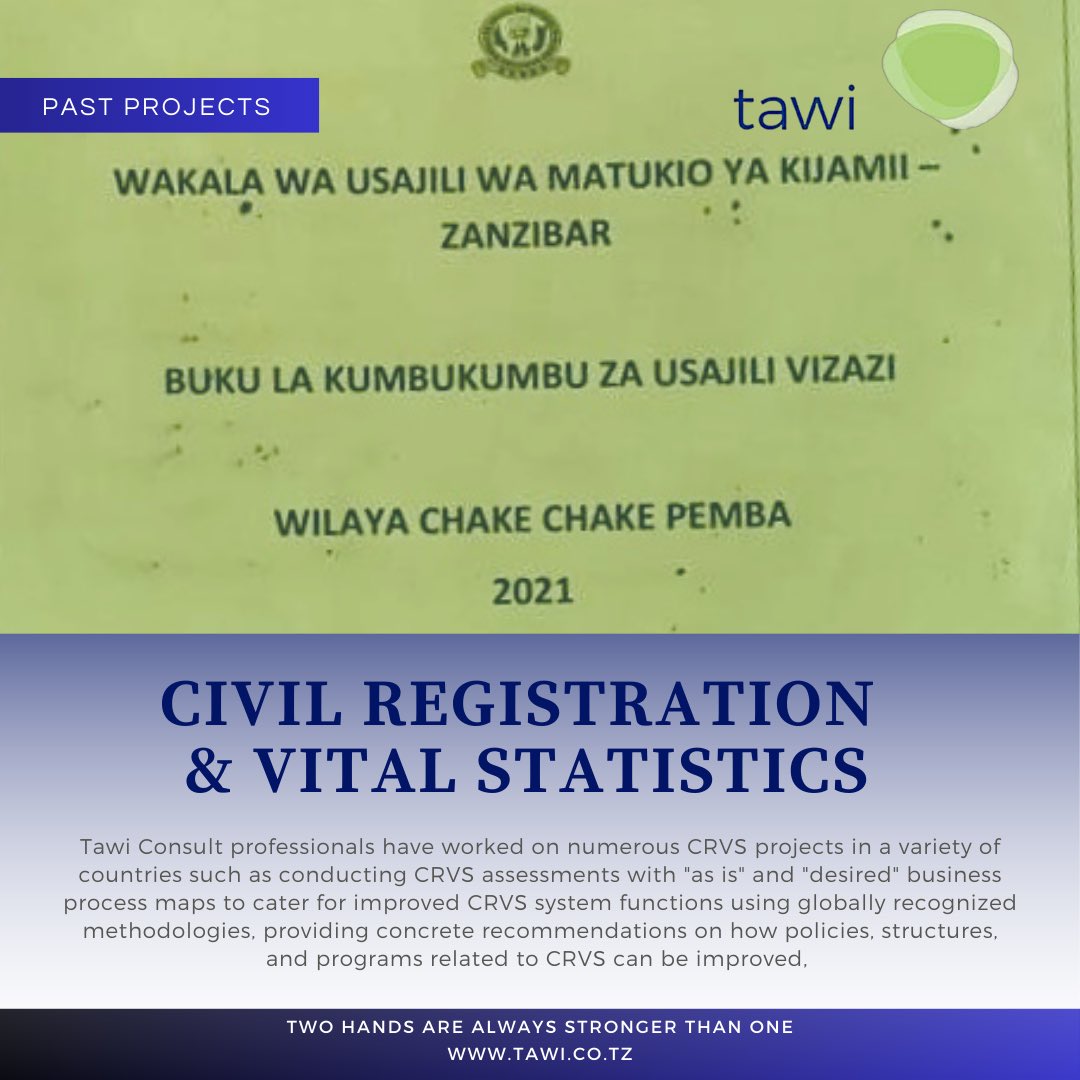 TawiConsult's tweet photo. Welcome to tawi,

Here is an example of one of our Civil &amp; Vital Registration and Statistics (CVRS) past projects. We are proud to be catalyst of change, leading conversations and changing lives.

Tawi Consult  has over 15 years  of experience in providing #CVRS services https://t.co/CeY8zB6bmF
