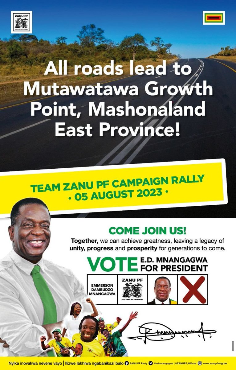 PaidamoyoMutsv1's tweet photo. Tomorrow we will be in Mash East, come and interact with our Presidential candidate, Pres Mnangagwa in Mutawatawa Murewa!
#EDhasMyVote
#TrustED https://t.co/9FKehXq9Yp