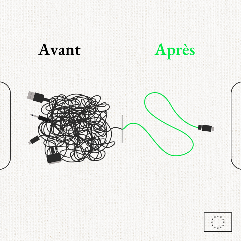 UEFrance's tweet photo. 🔌 Fatigué d'utiliser un chargeur différent pour chaque appareil ?

À partir de 2024, l'USB-C deviendra le port de charge standard pour les nouveaux appareils électroniques portables vendus en Europe 🇪🇺

Une victoire pour les consommateurs &amp; l'environnement !

#DigitalEU