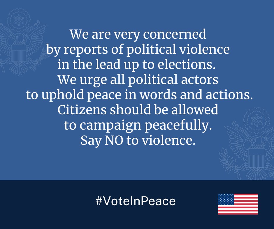 We are very concerned by reports of political violence in the lead up to elections. We urge all political actors to uphold peace in words and actions. Citizens should be allowed to campaign peacefully. Say NO to violence.  #VoteInPeace