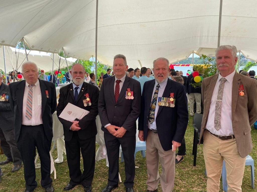 AusHCVanuatu's tweet photo. On Independence Day, Vanuatu recognised the contribution of eight Australian Defence Force veterans to the nation’s independence.

These members received the National Medal of Merit for their special service rendered to the Republic of Vanuatu. 

Shared history 🇻🇺🇦🇺 Strong future https://t.co/2pS8uf51E2