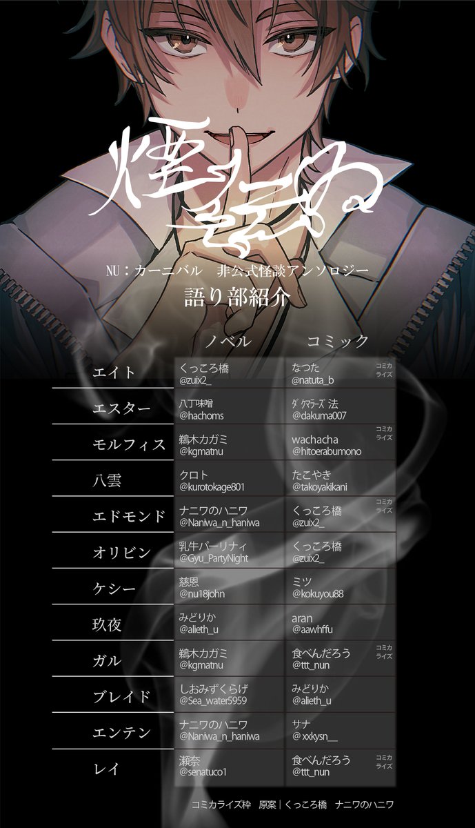 kemudutai's tweet photo. ■NU🦀怪談アンソロジー企画『煙伝い』運営です。
ありがたい事についに『語り部』様が出そろいました！
総勢19人、全24話の怪談を楽しみにお待ちくださいませ
■11月後半のオンリーイベントで頒布予定です https://t.co/K5nH8bbbwy