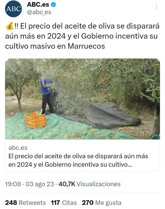 FroilLannister's tweet photo. Primero fueron los productos de la huerta de Murcia, Almería y Alicante. Después las fresas de Huelva. Ahora Pedro Sánchez va a cargarse el olivar español, mientras subvenciona a Marruecos para que produzca todos esos productos agrícolas españoles.

Lo siguiente será el vino. https://t.co/k9z6fFNsB3