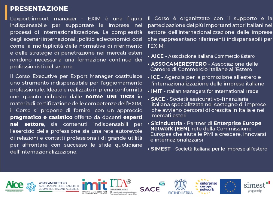 SIMEST_IT's tweet image. 📌Sono aperte le iscrizioni al Corso Executive per #exportmanager organizzato da @unipa_it in collaborazione con @SIMEST_IT AICE @assocamestero @Assimit1 @ITAtradeagency @SACEgroup @Sicind_Conf
#Export #internazionalizzazione #4agosto 
🔴Iscriviti qui ➡️bit.ly/3KmUjcm ⬅️