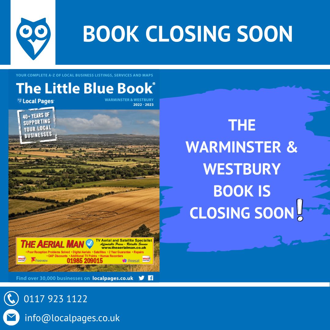 Local Pages (@tweetlocalpages) on Twitter photo The Warminster & Westbury Local Pages book is closing to applications soon.
Obtain your entry before it's too late!
You can contact us: 0117 923 1122
Alternatively, you can email us at: info@localpages.co.uk
#localpages #residentshandbook #bookclosure #warminster #westbury The Warminster & Westbury Local Pages book is closing to applications soon.
Obtain your entry before it's too late!
You can contact us: 0117 923 1122
Alternatively, you can email us at: info@localpages.co.uk
#localpages #residentshandbook #bookclosure #warminster #westbury