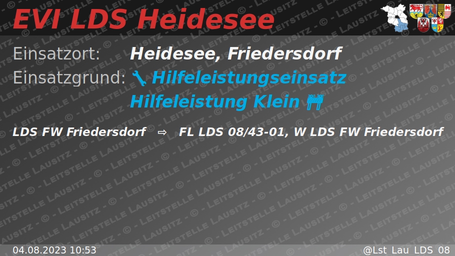 🔕 04.08.2023 10:53 🔧 🚧 H:Klein 🌐 Heidesee, Friedersdorf 🚒 ⇨ FW Friedersdorf