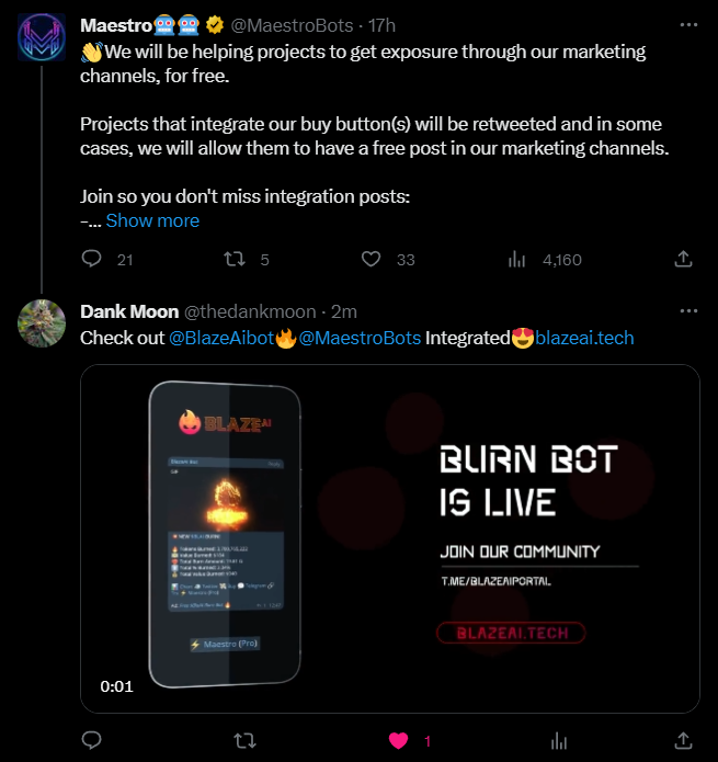 thedankmoon's tweet photo. @MaestroBots helping projects that integrate their buy button, it just so happens that @BlazeAibot has done that already! Lets get promoted by the GOATS🔥https://t.co/cA0tMNDGa8 $BLAI https://t.co/hoUaYx8VYb