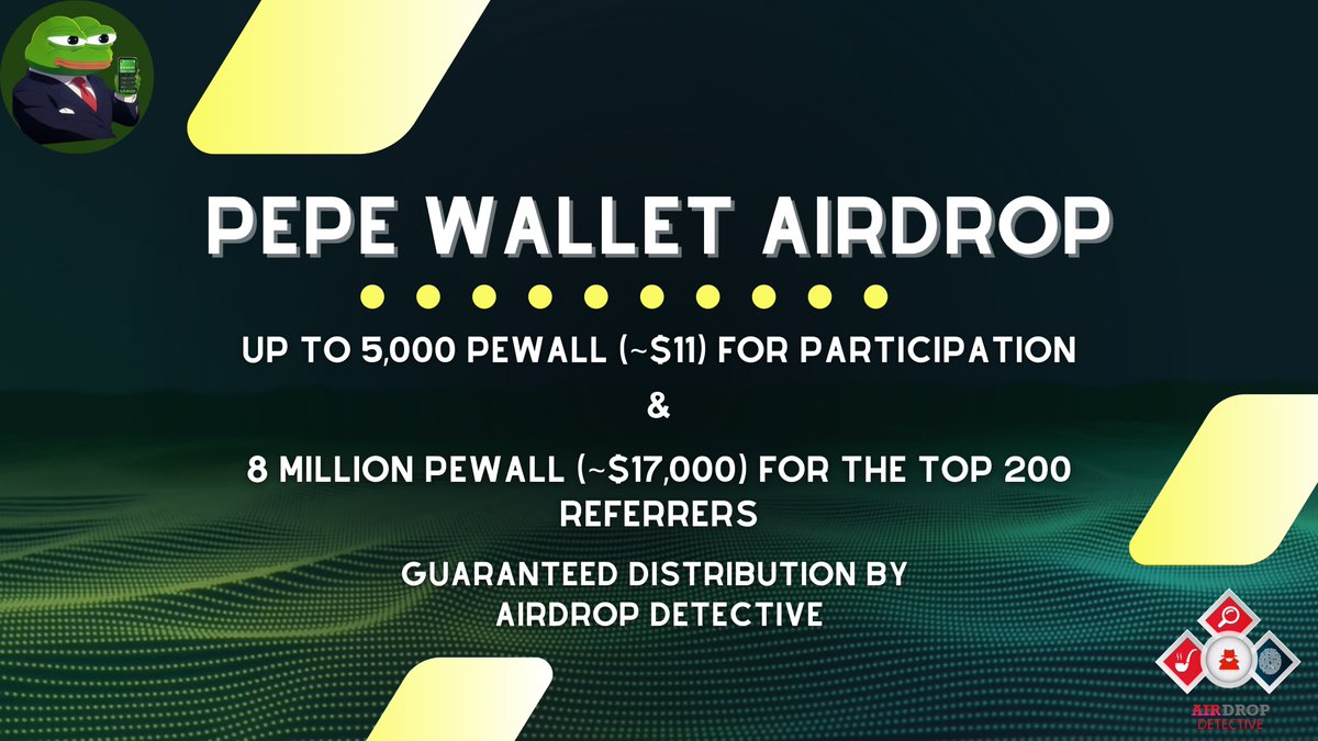 🔍 Pepe Wallet #Airdrop 

🏆Total Airdrop Pool: 23M PEWALL [~$50,000]

✔️ Guaranteed Distribution by Airdrop Detective 

🔴 Start the airdrop bot: t.me/PepeWalletNewR…

🔘 Do the tasks on the bot &amp; submit your data.

🔘 Details: youtu.be/owqGQ-BVwqk

#Airdrops #BTC
