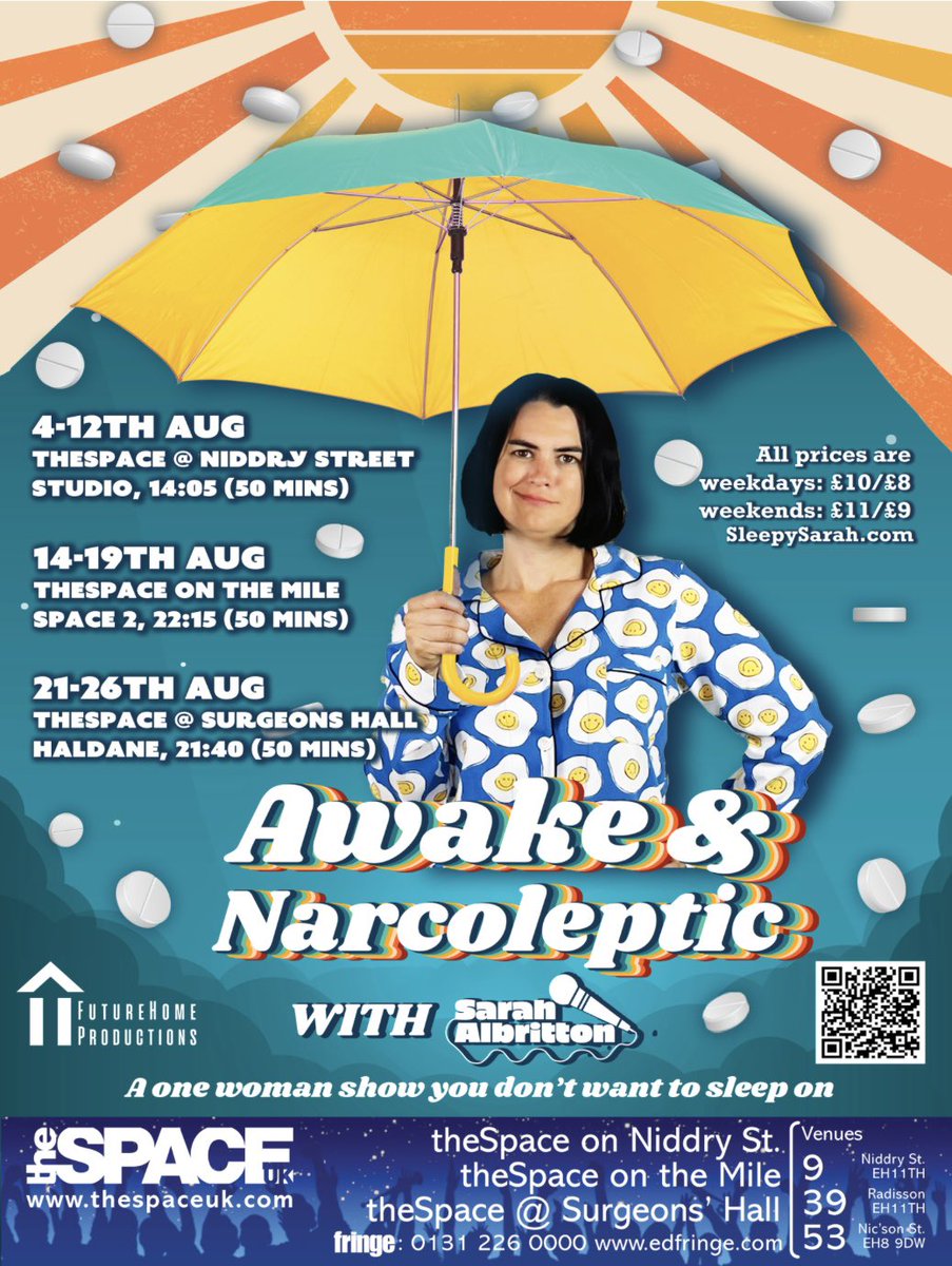 Awake &amp; Narcoleptic is a comedic solo show about invisible disabilities. It covers misdiagnosis, medications, side effects, toxic friendships, hallucinations, sleep paralysis, &amp; falling asleep at the worst moments. 
#tweetthemedia #edfringe <a href="/FringeReview/">FringeReview</a> 
rb.gy/u9k1r
