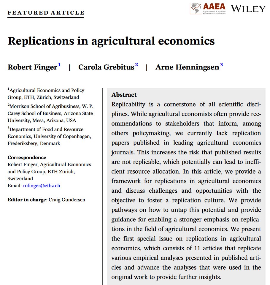 Robert Finger (@robertfinger1) on Twitter photo Replications in Agricultural Economics
Great to see our Special Issue finally out in <a href="/AEPP_AAEA/">Applied Economics Perspectives and Policy</a>! Joint with <a href="/ArneHenningsen/">Arne Henningsen</a> & Carola Grebitus
Our editorial paper provides pathways to untap the large potential of replications in agricultural economics
onlinelibrary.wiley.com/toc/20405804/2⦠Replications in Agricultural Economics
Great to see our Special Issue finally out in <a href="/AEPP_AAEA/">Applied Economics Perspectives and Policy</a>! Joint with <a href="/ArneHenningsen/">Arne Henningsen</a> & Carola Grebitus
Our editorial paper provides pathways to untap the large potential of replications in agricultural economics
onlinelibrary.wiley.com/toc/20405804/2ā¦