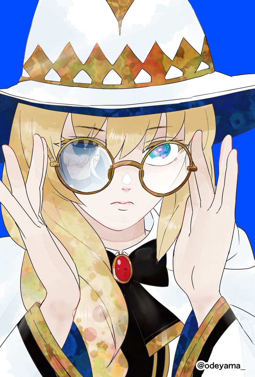 1girl hat monocle blue background blonde hair solo blue eyes  illustration images