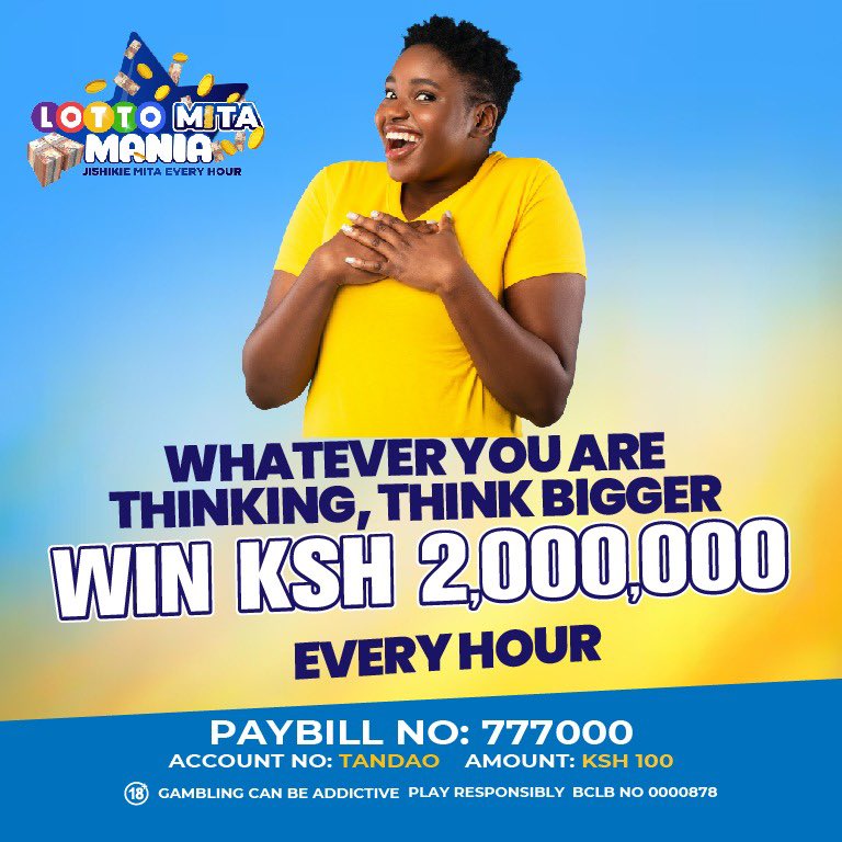 Kamilisha mipango ya wikendi with a Ksh. 2000,000/- WIN tonight!

Participate now with Ksh. 100 to be in a better position to win Ksh. 2 Million at our 8:45p.m Draw tonight!

Mpesa Ksh. 100 to Paybill “777000” Account “TANDAO”

#LottoMitaMania
#LottoNaTandao
#NyakuaMitaNaLotto