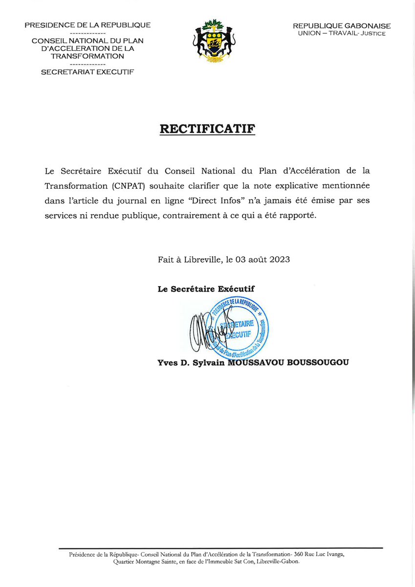 #CommuniquéDePresse |  Suite à la diffusion d'une information erronée, le SE du CNPAT 
<a href="/YvesSylvainMou1/">Yves Sylvain Moussavou</a> , clarifie que la note explicative mentionnée dans l'article du journal en ligne « Direct-Infos » n'a jamais été émise par ses services ni rendue publique.
#Gabon #PATGabon