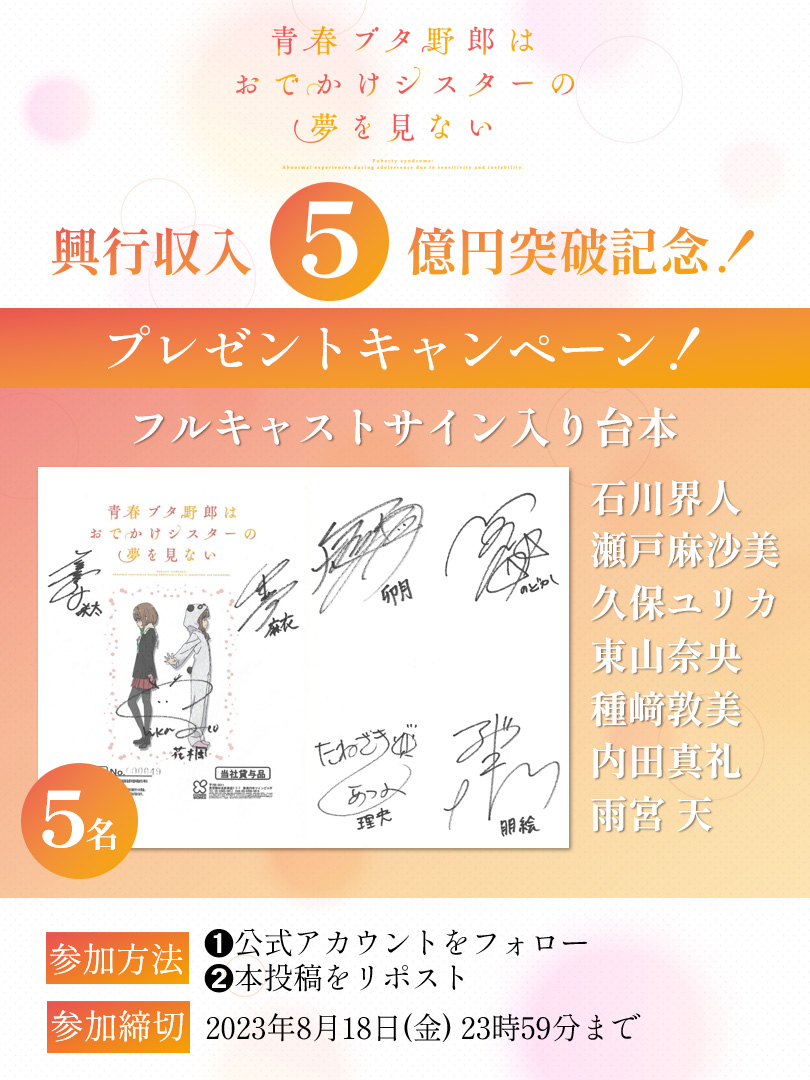 aobuta_anime's tweet photo. 🐷青春ブタ野郎は
　　おでかけシスターの夢を見ない

／
📣興行収入5️⃣億円突破記念！
　 プレゼントキャンペーン開催✨
＼

🎁フルキャストサイン入り台本
⏰8/18（金）まで
🙌参加方法は画像をチェック✅

#青ブタ https://t.co/bdW70Z09KQ