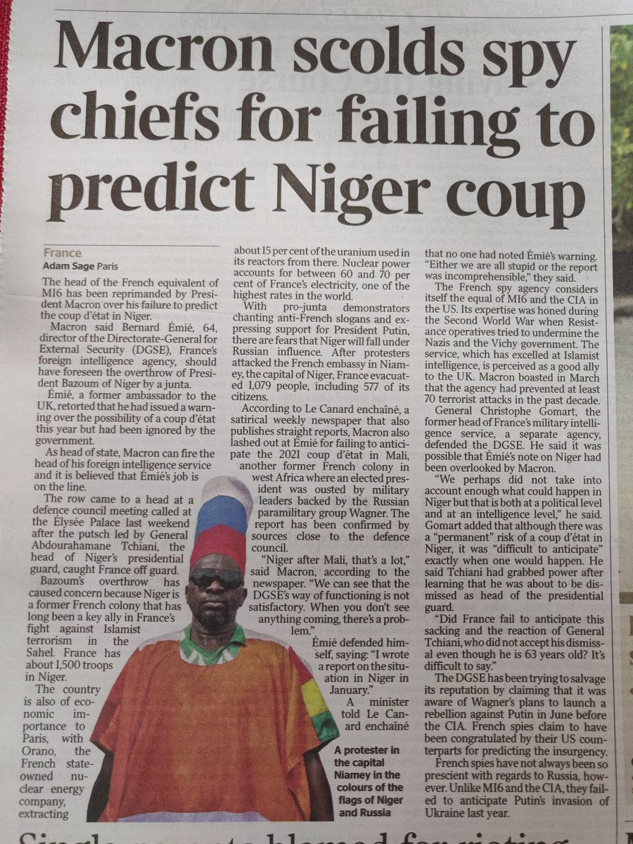 The French equivalent of #MI6, the #DGSE, is under intense political pressure over its assessments on #Niger. Of course sometimes #intelligence agencies make mistakes...but sometimes the politicians simply don't listen.