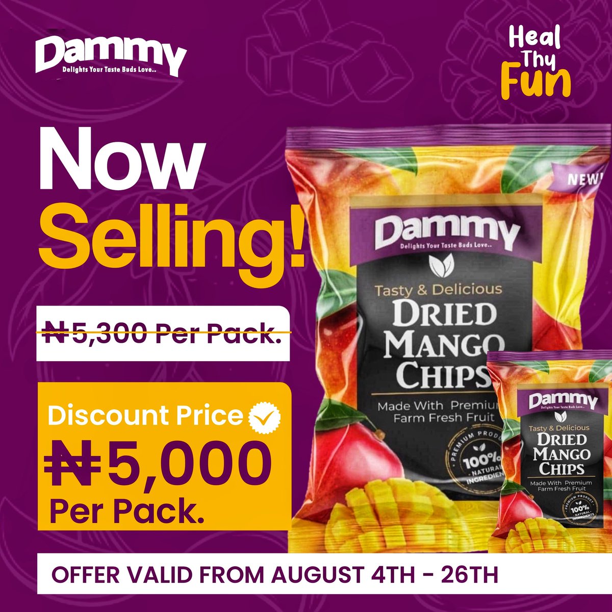 dammychips's tweet photo. Hello Dammy chippers!

Your Yummy Dammychips Dried Mango Chips comes in 50g per Piece.

Now selling 1pack (12 Piece)=5000

Valid from today, August 4th-26th ,2023.

With dammychips you'll have a healthy cost effective lifestyle with our tasty and delicious product

#discount https://t.co/G90dChUk2J