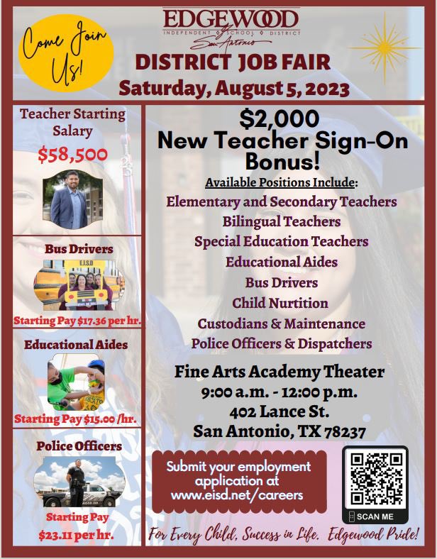 Communicate Early, Communicate Often! Join the familia in @EISDofSA We still need Champions for some of our classrooms! Bilingual teachers receive an $8k stipend (over 24 months)! We also offer Alternative Cert. opportunities.
#PeopleMatter
#EarlyMorningWalks
#ThinkPlayWinBigEISD