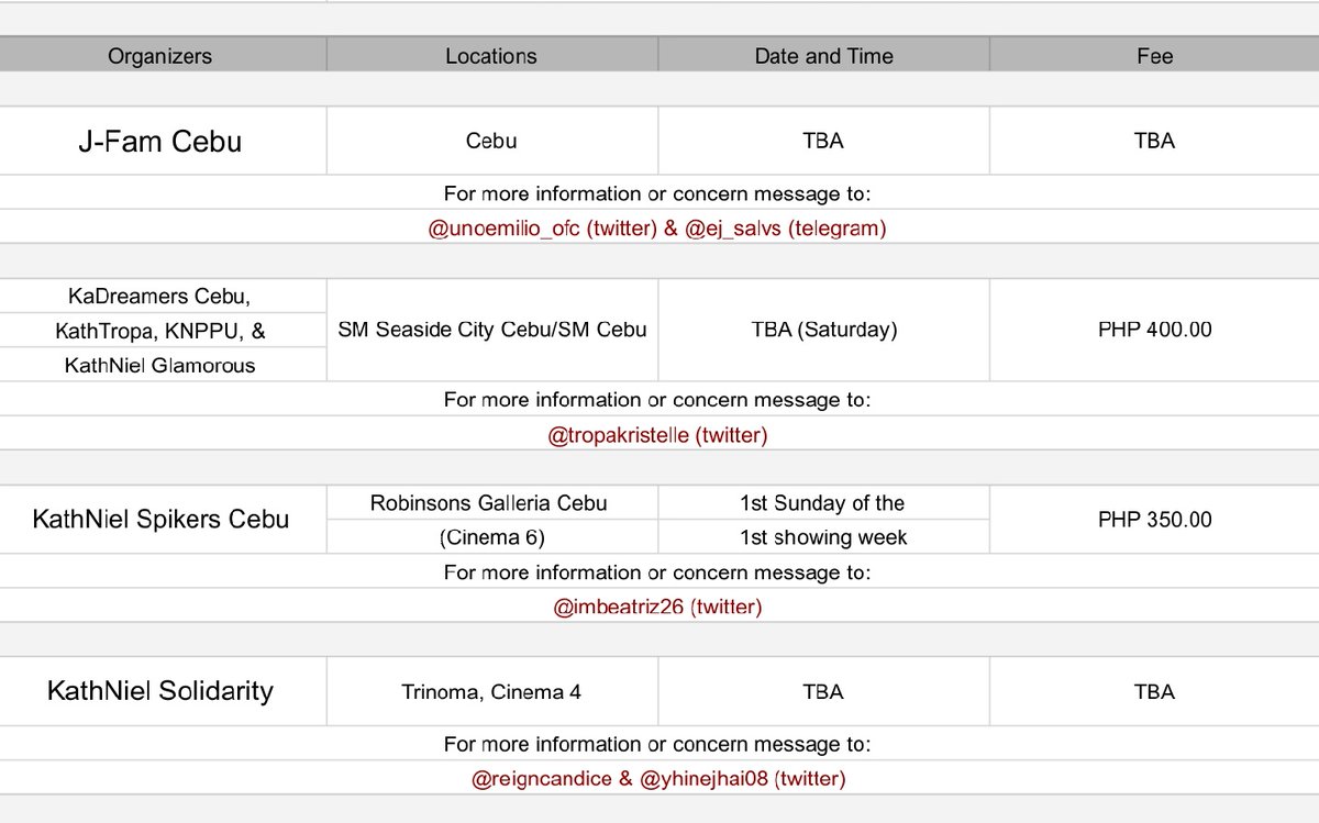 Block screening list from:

• J-Fam Cebu (send a message to @unoemilio_ofc)

• KaDreamers Cebu, KathTropa, KNPPU, & KathNiel Glamorous (reservation link >> docs.google.com/forms/d/e/1FAI…)

• Kathniel Spikers Cebu (message @imbeatriz26) 

• @KDKNSolidarity (send message to them)