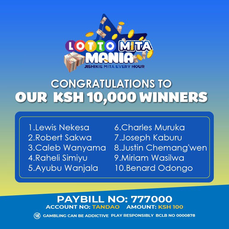 NEW CASH WINNERS ARE FINALLY HERE! EACH WALKS HOME HAPPY WITH A KSH. 10,000 WIN💰💰👏

CHANCE!
PARTICIPATE NOW WITH KSH. 100 AND WIN LIKE THEM AT OUR 8:45P.M DRAW TONIGHT!

MPESA KSH. 100 TO PAYBILL “777000” ACCOUNT “TANDAO”

#LottoMitaMania
#LottoNaTandao
#NyakuaMitaNaLotto