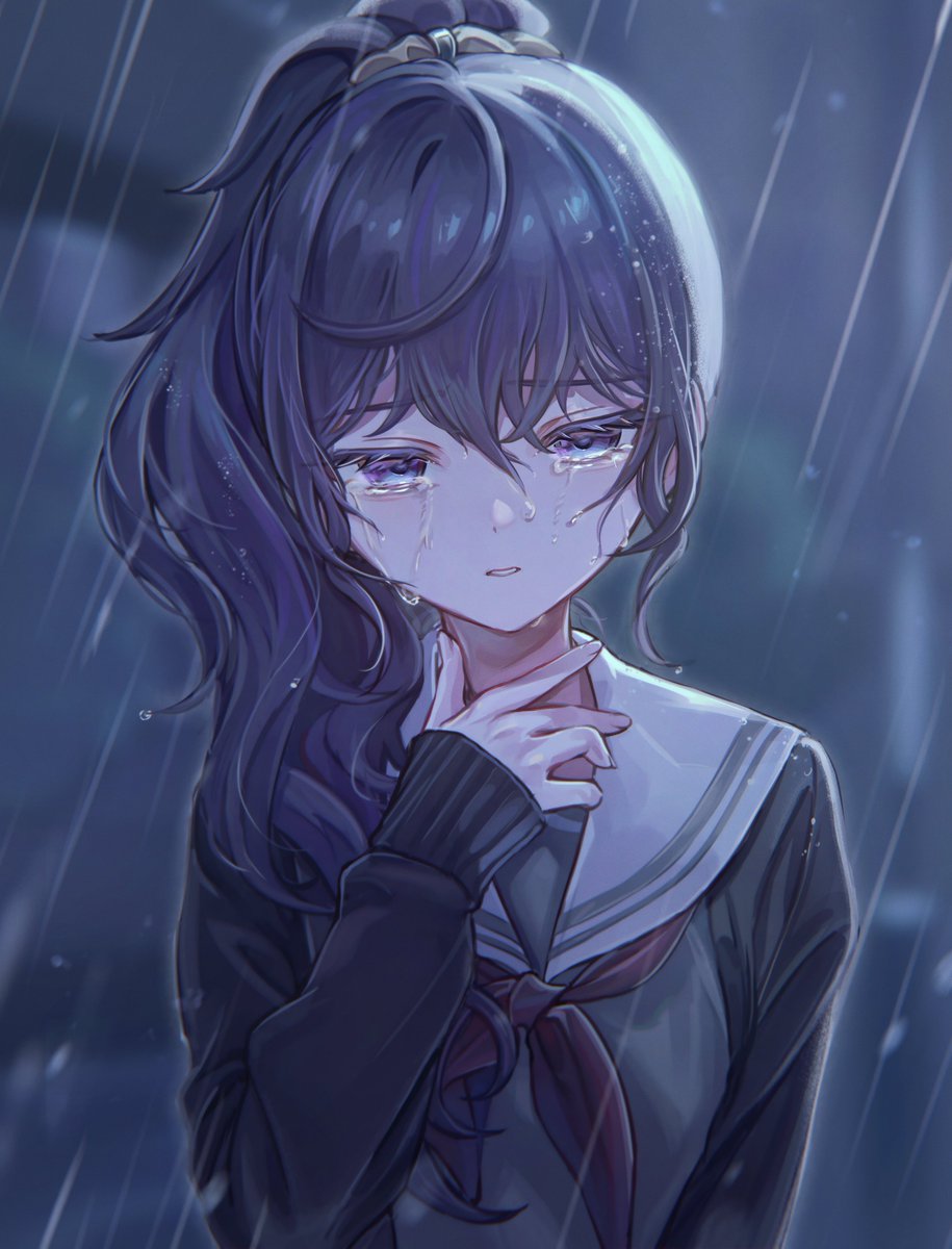 1girl solo rain red neckerchief school uniform neckerchief crying  illustration images
