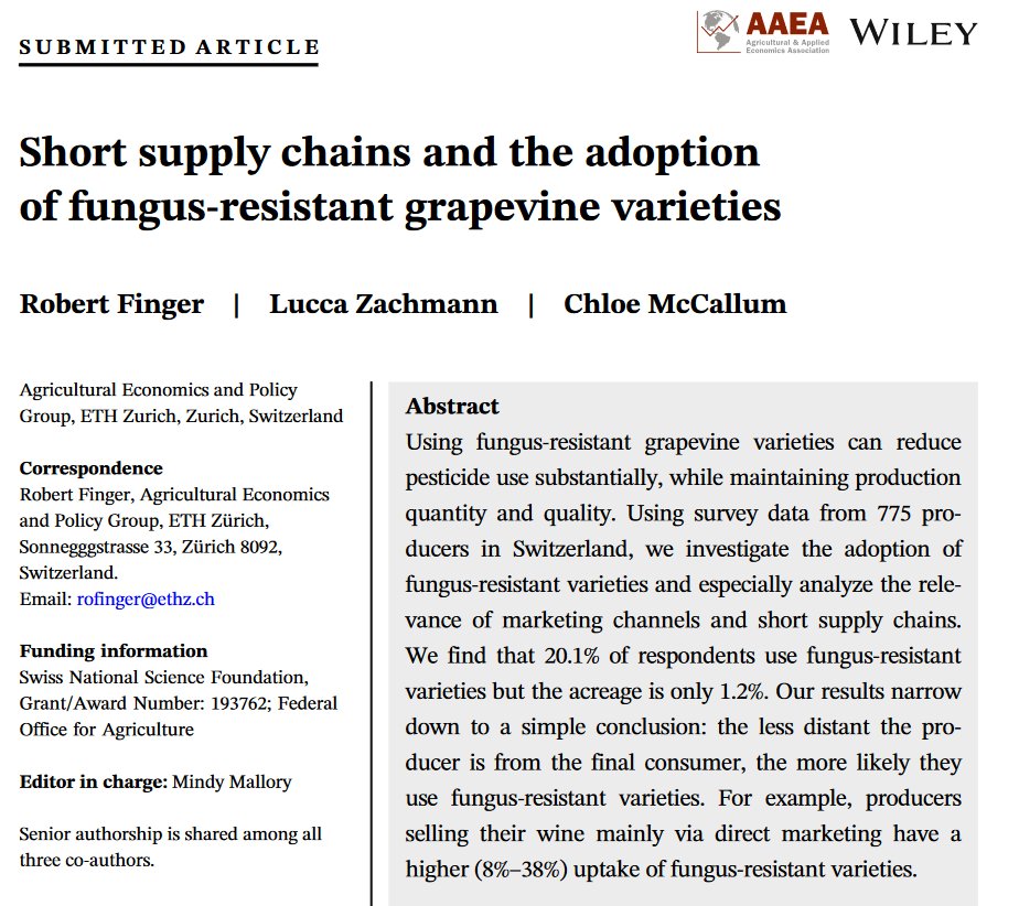 Robert Finger (@robertfinger1) on Twitter photo Short supply chains and the adoption of fungus-resistant grapevine varieties
Our <a href="/aecp_eth/">AECP</a> paper with @lucca_zachmann & <a href="/ChloeMcCallum_/">Chloe McCallum</a> is now published in an issue <a href="/AEPP_AAEA/">Applied Economics Perspectives and Policy</a>
Paper onlinelibrary.wiley.com/doi/10.1002/ae…
Blog (German) agrarpolitik-blog.com/2023/01/12/kur… Short supply chains and the adoption of fungus-resistant grapevine varieties
Our <a href="/aecp_eth/">AECP</a> paper with @lucca_zachmann & <a href="/ChloeMcCallum_/">Chloe McCallum</a> is now published in an issue <a href="/AEPP_AAEA/">Applied Economics Perspectives and Policy</a>
Paper onlinelibrary.wiley.com/doi/10.1002/ae…
Blog (German) agrarpolitik-blog.com/2023/01/12/kur…