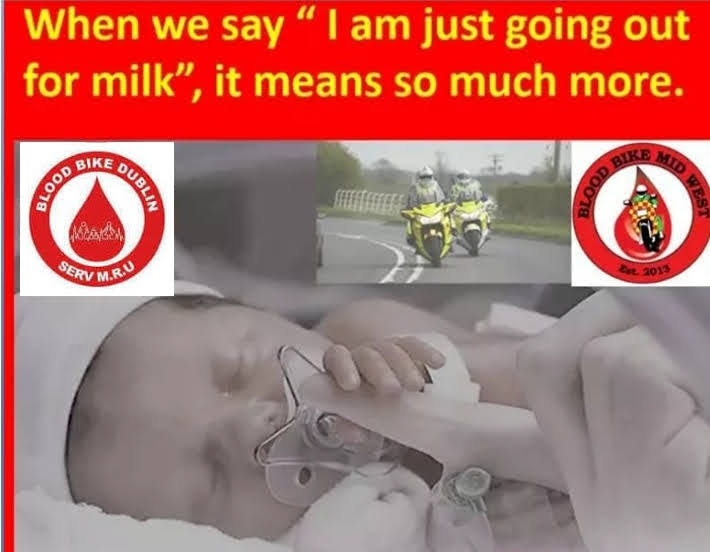 BloodBikeMW's tweet photo. Eoin Stephenson transporting breast milk from mum to baby. Eoin linked up with Blood Bike Dublin who completed the transfer. Well done everyone.
https://t.co/ymqJ7si6Cs https://t.co/mMrfVcD87K