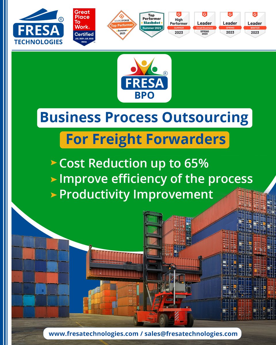 fresatechnology's tweet image. Business Process Outsourcing 
For Freight Forwarders
✅Cost Reduction up to 65%
✅Improve efficiency of the process
✅Productivity Improvement
For more queries please visit below link 👇
fresatechnologies.com/products/fresa…
#fresa | #g2reviews | #Slashdot | #sourceForge | #FresaBPO