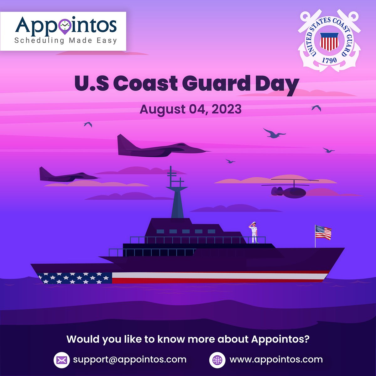 appointos's tweet photo. Happy US Coast Guard Day 2023!
In the face of storms and challenges, the US Coast Guard stands strong and resilient.
Saluting the brave men and women of the US Coast Guard
#USCG #USCoastGuard #Salute #CoastGuardDay
#appointos #schedulingapp #appointments https://t.co/tCuMHrPvYI
