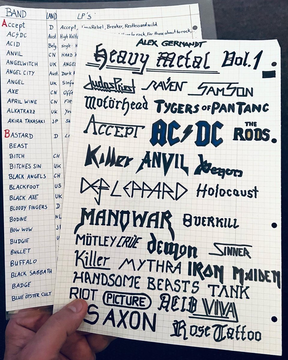 AlexGernandt's tweet photo. The start of my "Rock journo journey" way back in 1982. This "HM A-Z" band list was the origin of my Metal fanzine #ShockPower founded in the summer of 1983. https://t.co/zHAj9Oe2Am