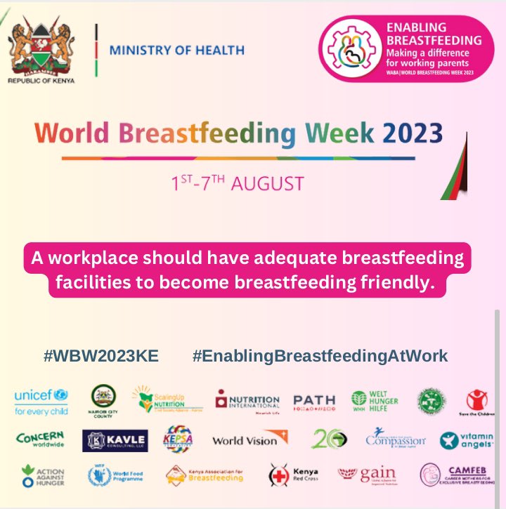 MOH_Kenya's tweet photo. Investing in breastfeeding support not only ensures healthier and happier families today but also builds a foundation for a healthier future generation with reduced healthcare costs and improved overall well-being. #WBW2023KE #EnablingBreastfeedingAtWork https://t.co/5p5Fp7M99f