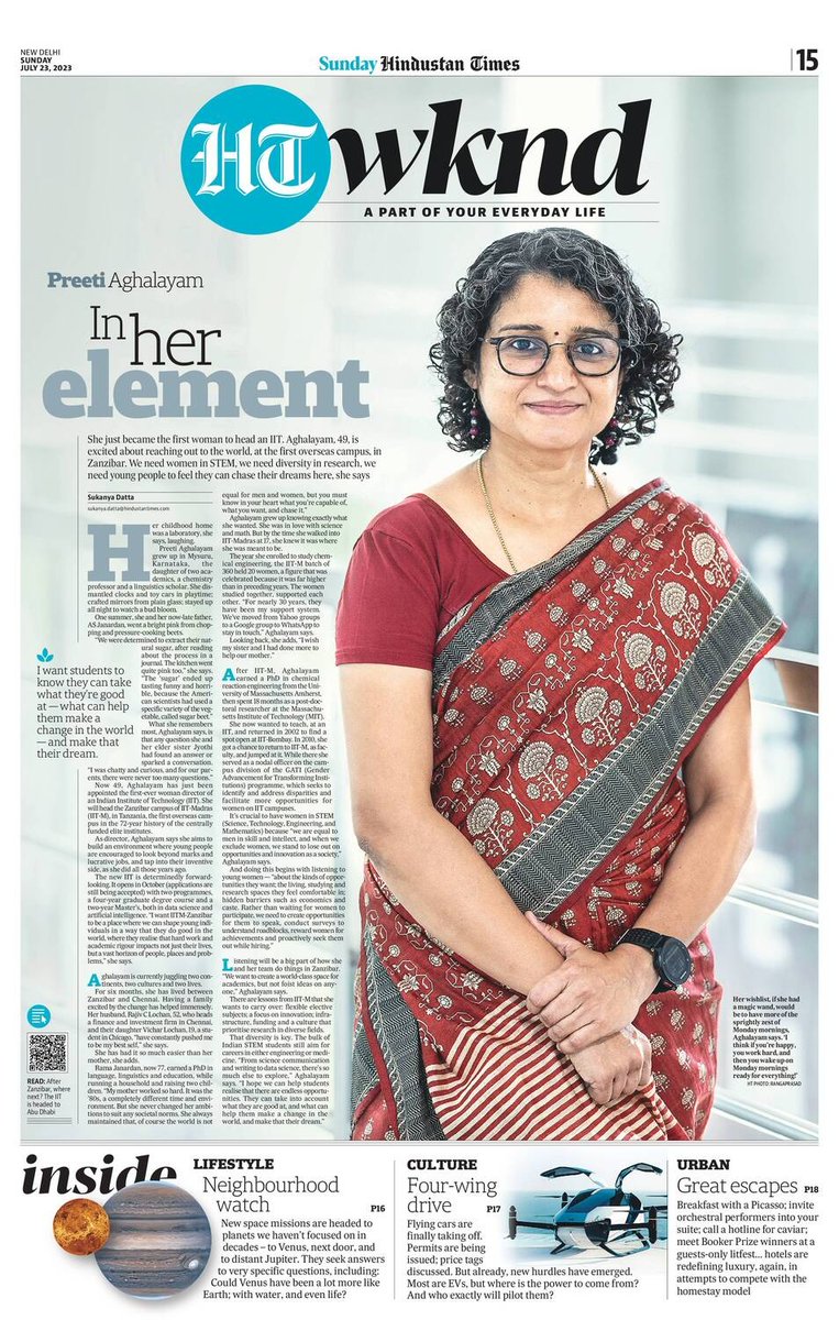 iitmadras's tweet photo. Prof. Preeti Aghalayam (@kennybpm), Director In-Charge, @IITMZanzibar, says she aims to build an environment where young people are encouraged to look beyond marks and jobs & tap into their inventive side, in an exclusive article published in @htTweets.
@datta_sukanya
#HTWeekend https://t.co/Wulx2wH737