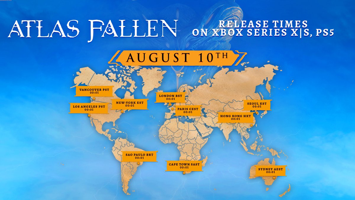 #AtlasFallen is almost here...

Get ready to defeat the tyrannic, almighty God and his creatures on August 10th at:

🖥️ 00h01 CEST on PC
🎮 00h01 local time on console