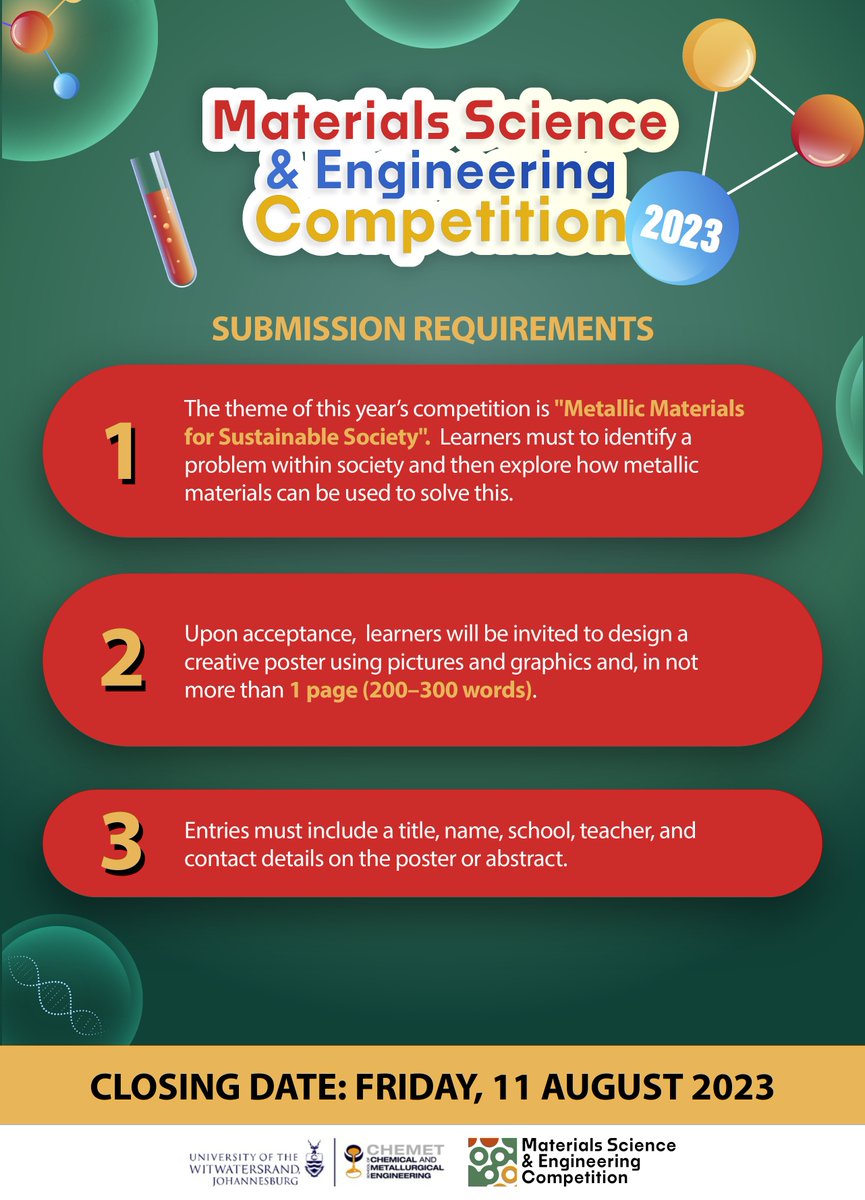 chmt_programme's tweet photo. ⏳ Just 7 days left to submit your abstract! 📝 

Discover the vast world of Metallurgy and Materials Engineering and show your creativity. Follow the steps below to participate.🌟

🔗https://t.co/xKtstVTE7N

 #Competition #HighSchoolInnovators #DeadlineApproaching https://t.co/sCJLiaswGv