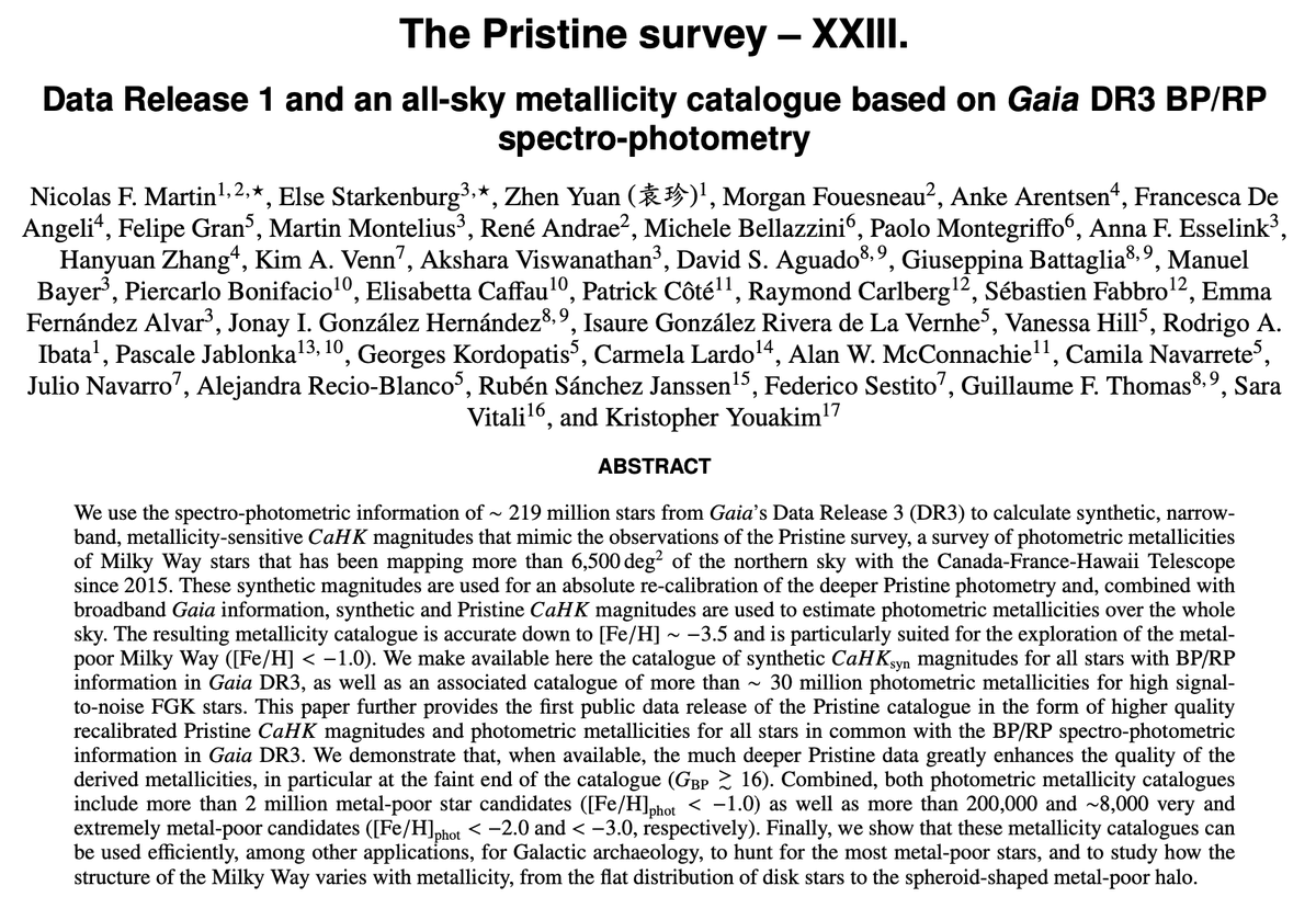 The 23rd paper of the main series of papers from the Pristine survey is out! It's been a lot of work by a lot of people since <a href="/ESAGaia/">ESA Gaia</a>'s Data Release 3 came out.
It's also the first Data Release from the survey and we publish catalogues for ~30+ million stellar metallicities. 🥳