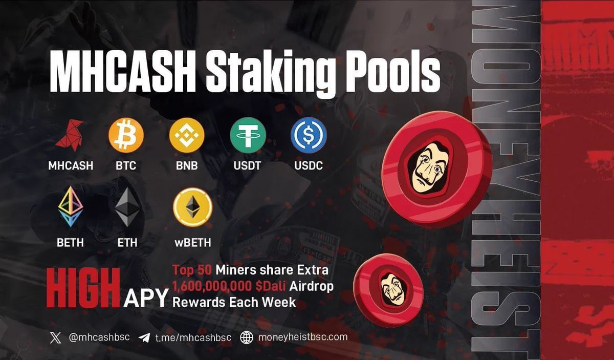 CryptoMiners_Co's tweet photo. Money Heist @mhcashbsc has just rolled out new staking pools with mind-blowing APY💥

Now you can stake your $MHCASH, $BTC, $BNB, $USDT, $USDC, $ETH, $BETH, and $WBETH to earn the $Dali tokens🌟

$MHCASH raised a whopping 597 $BNB and listing on #PancakeSwap. With a solid marketing team and strategic partners, the future looks bright. 

Stake now to maximize your rewards! 👇

🔗 Stake Here: https://t.co/fyEaV0Bspj

#DYOR(PROMO) #Staking #MoneyHeist  🚀