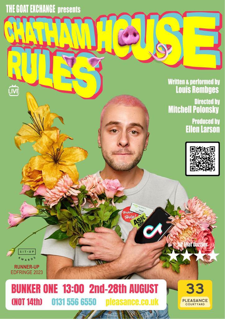 Previews are done and CHATHAM HOUSE RULES opens today!!!! Wanna come?????? Please?????? 🐷🐷🐷🐷 - @bingefringemag 🐷🐷🐷🐷 - @ATDazzles @ThePleasance Bunker One, 13.00 pleasance.co.uk/event/chatham-… @thegoatexchange @ellencharlarson
