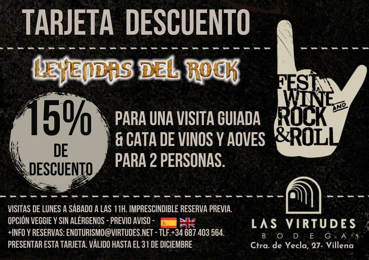 🍷 Solo en la barra del camping, se podrá adquirir por 10 euros el pack de vinos La Virtu del Rock (tinto) y Arrocero (blanco) 🥂 

😎 Además, el pack incluye una Tarjeta Descuento para visitar @bodegavirtudes y realizar una cata de vinos y AOVES para dos personas.