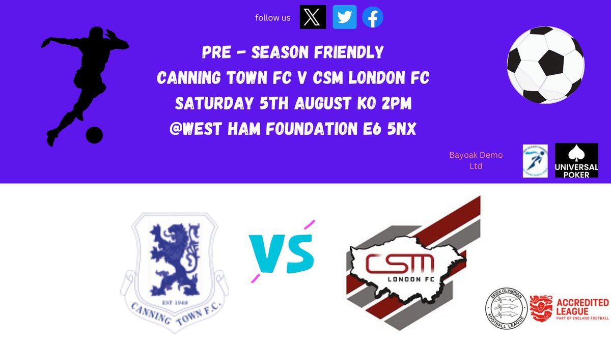 Canning_town_fc's tweet photo. ⚠️ Pre -Season Friendly
📅 Saturday 5th August
🏆Friendly
⏰2PM
🆚@CSMLondonFC

🏟️West Ham Foundation https://t.co/blUaVzAAMG