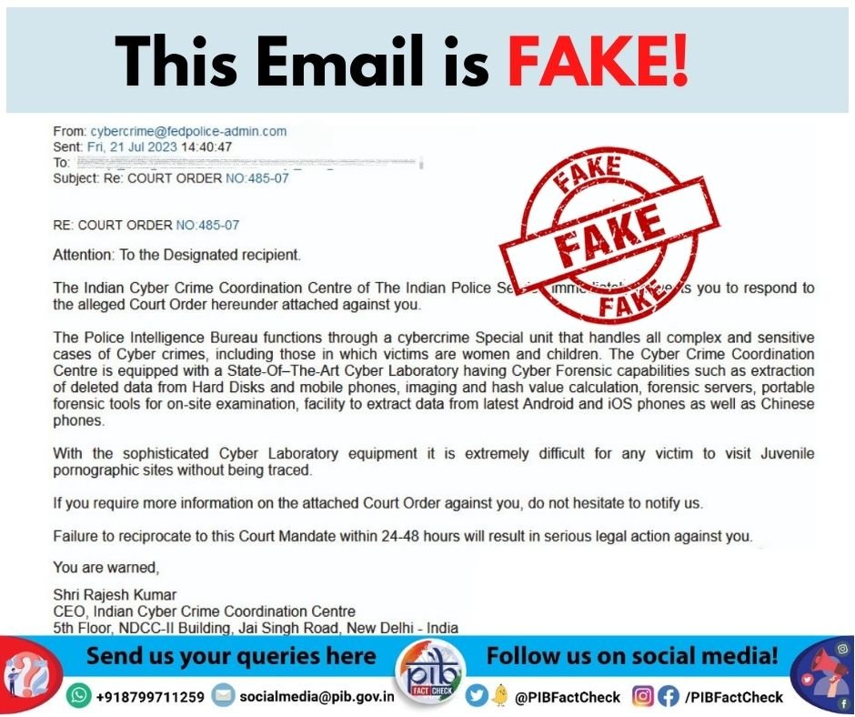 PIBFactCheck's tweet photo. Received a similar email from Indian Cyber Crime Coordination Centre❓

Be cautious ‼️

#PIBFactCheck

▶️ These emails are #Fake

▶️ No such email is being sent by any agency of the Government of India

▶️ Lodge your cyber crime related complaints here👇
🔗https://t.co/Z24NnBsrPl https://t.co/XRMErSWbUf