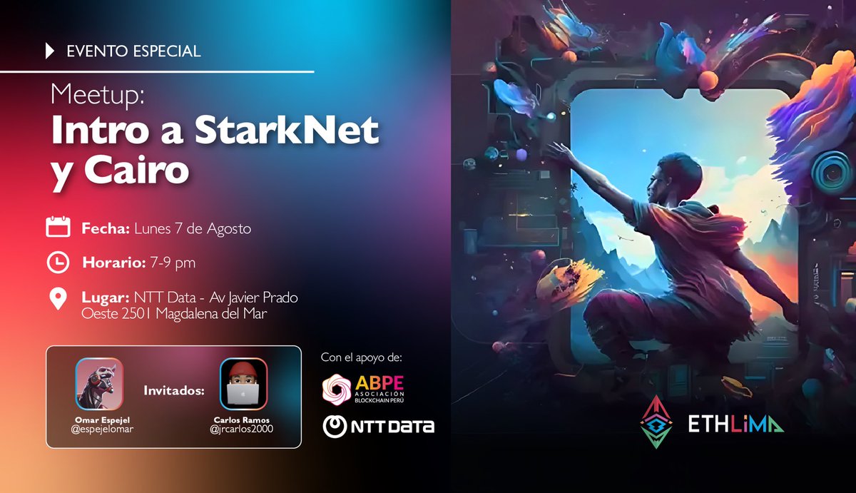 ¿Eres dev y quieres saber cómo empezar a programar para Starknet? 👩🏻‍💻🧑🏻‍💻

👉 Este lunes tenemos un evento especial para conocer una de las L2 Zero Knowlegde más importantes de la actualidad y el lenguaje de programación que utiliza para crear sus aplicaciones 🚀

¿Nos acompañas? 🙌
