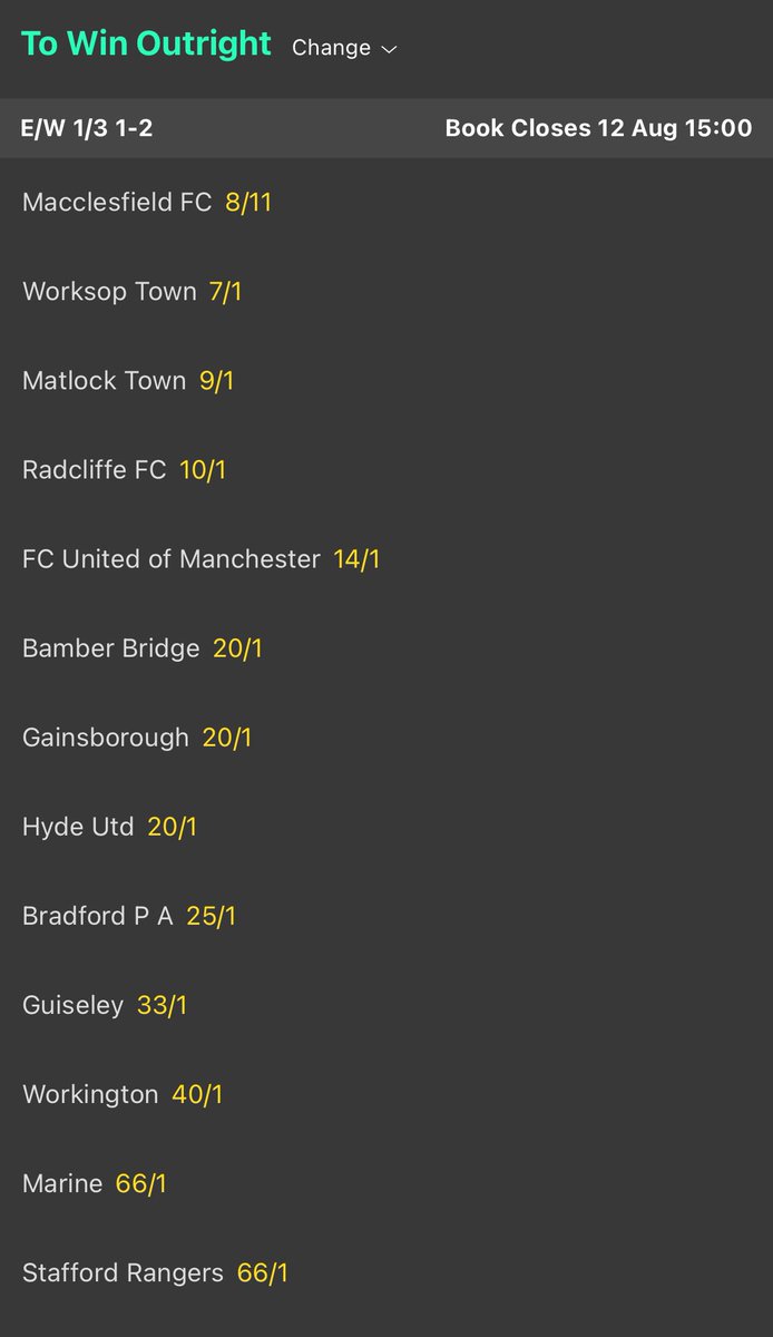 I like those odds <a href="/SilkmenSupTrust/">SilkmenSupportersTrust.</a> <a href="/silkmenarmy/">Silkmen Army</a> <a href="/UpTheSilkmen/">Silkmen Fanpage</a> <a href="/PoolieSilkman/">Andrew Mulley</a> <a href="/ryan_flea/">Ryan</a> <a href="/loopyblonde/">Linzi B 🐝</a> <a href="/RobbieSavage8/">Robbie Savage</a> <a href="/thesilkmen/">Macclesfield FC (C)</a> <a href="/Silkmen_Hub/">Fan Account Of Macclesfield FC</a>