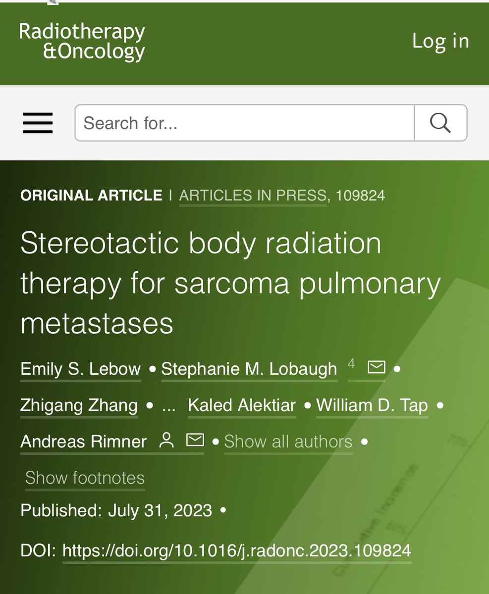 🎙 SBRT for #sarcoma 🫁metastases achieved high rates of local control w/ low toxicity❗️🚨<a href="/OncoAlert/">OncoAlert</a> @RadiotherapyOn1 
📌retro single 🏥study
🥇🎯: Local failure 
📊RESULTs
👉66 👥w/  95 🫁metastases 
👉local failure at 12 &amp; 24 m 3.1% &amp;7.4%
👉OS at  12 &amp; 24 m 74% &amp; 49%