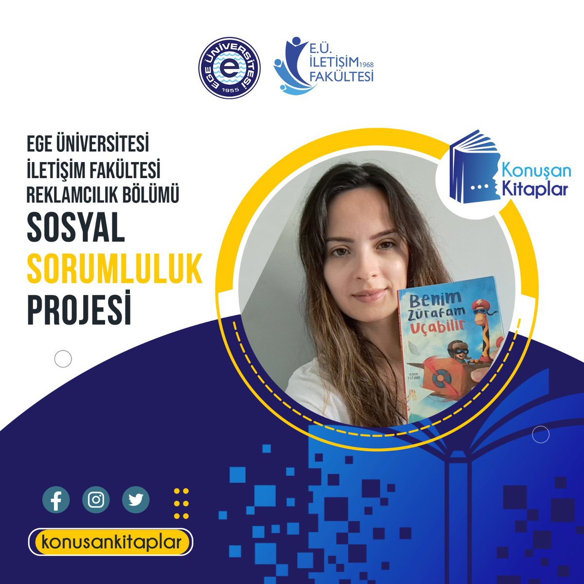 Spiker, sunucu Jülide Kadıoğlu geçtiğimiz yıllarda olduğu gibi bu yıl da projemizin önemli destekçilerinden. Görme engelliler için Mert Arık’ın Benim Zürafam Uçabilir isimli kitabını seslendirdi. En içten teşekkürlerimizle. <a href="/iletisimege1968/">E.Ü. İletişim Fakültesi</a> #konusankitaplar2023
