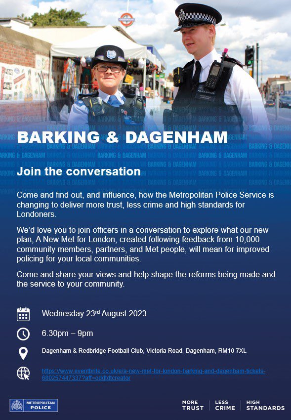 This is your opportunity to be a part of the conversation, and find out and influence the steps the Met is taking to improve the service to your community.   RESERVE YOUR FREE TICKET HERE ⬇️ eventbrite.co.uk/e/a-new-met-fo…   @HaveringDaily @lbbdcouncil @BDPost @LocalCrimeBeats