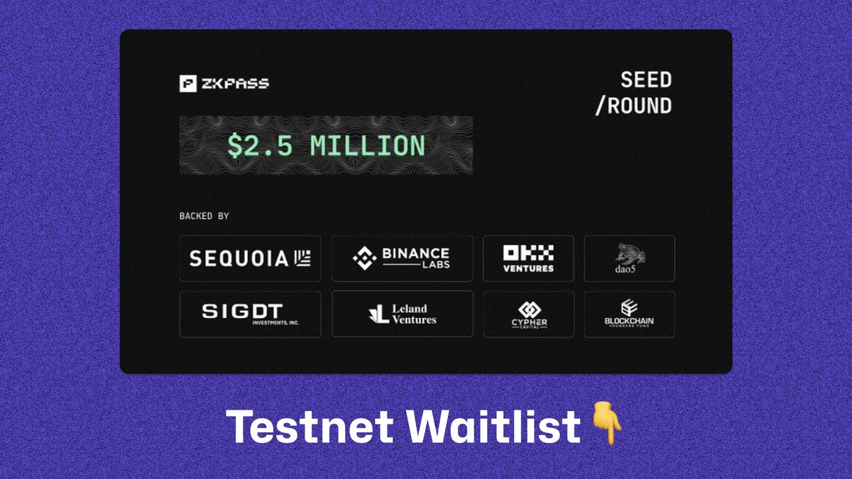 The zkPass Pre-alpha Testnet Waitlist is now live.

Binance Labs, OKX, and Sequoia Capital are among the investors in this project.

⚡️ Join here:
bit.ly/3QrlbMj