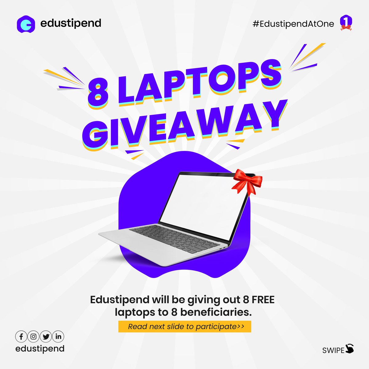 8 LAPTOPS UP FOR GRABS! 💃🏽🕺🏽

Hello 👋🏽 there, it's FriYaY and a good day for a giveaway. 🥳

As part of celebrations of <a href="/edustipend/">edustipend</a>'s 1-year anniversary, we are giving out 8 laptops 💻 to 8 lucky beneficiaries! 🎉

How to be a part of this? We got you! Check the next tweet.

1/5