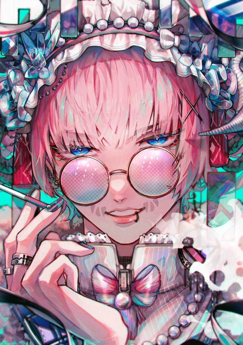 blue eyes pink hair solo jewelry looking at viewer glasses male focus  illustration images
